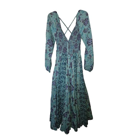 New FREE PEOPLE A New Way Floral Maxi Dress $168 SMALL Teal Smocked - Picture 5 of 7